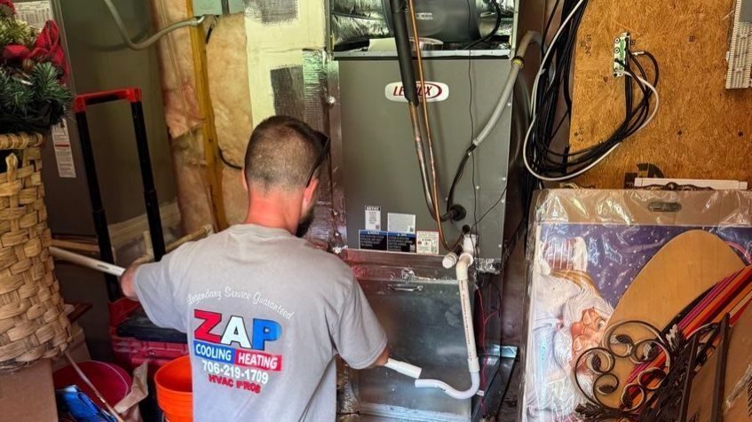 ZAP HVAC tech performing maintenance on heating unit.